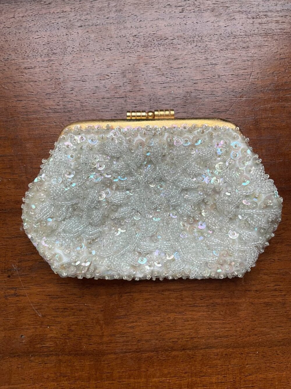 Vintage Beaded Coin Purse Ivory AB Sequin Floral Clutch B. Altman & Co